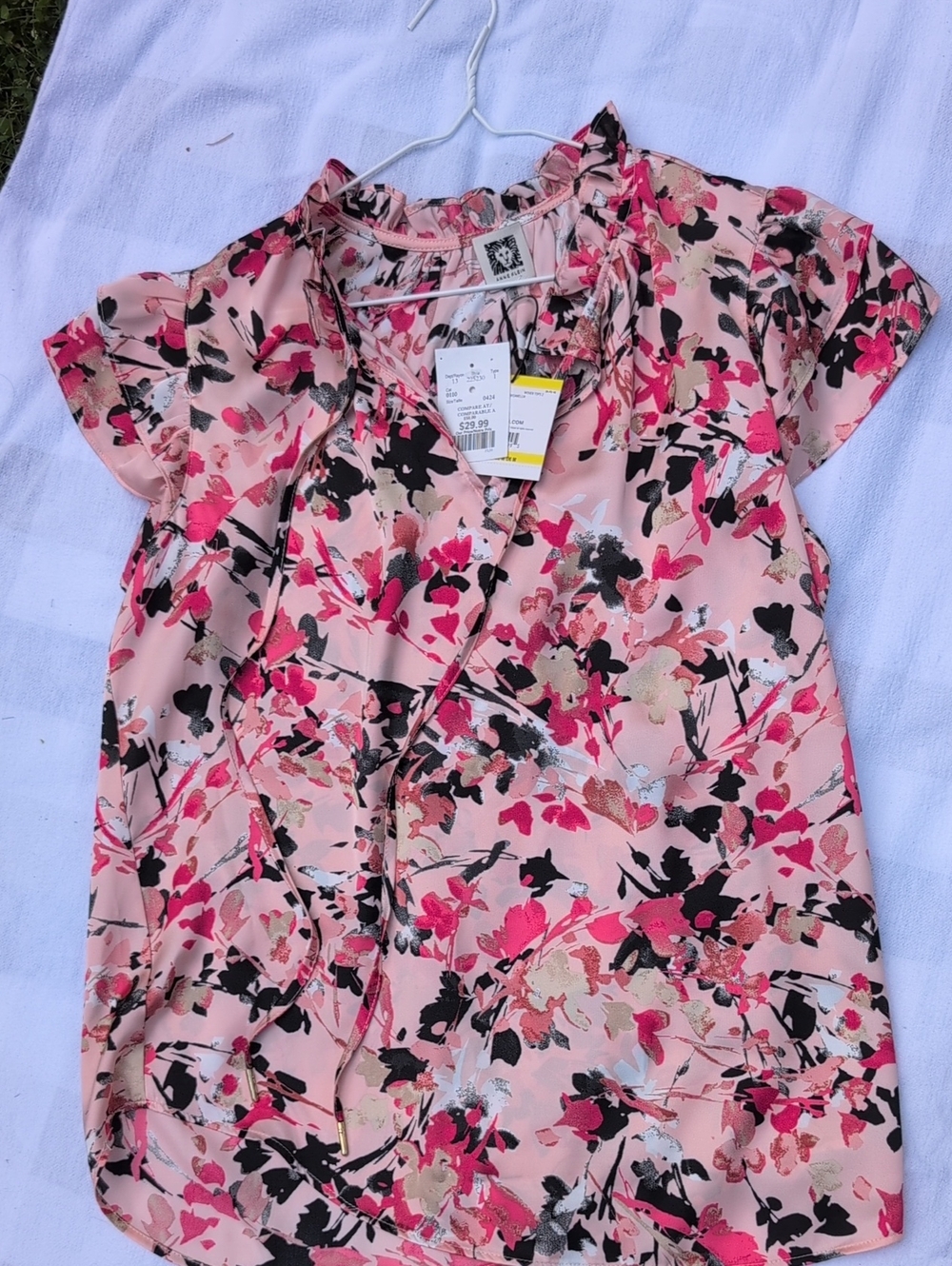 NWT Anne Klein Pink Floral Short-Sleeve Blouse M
